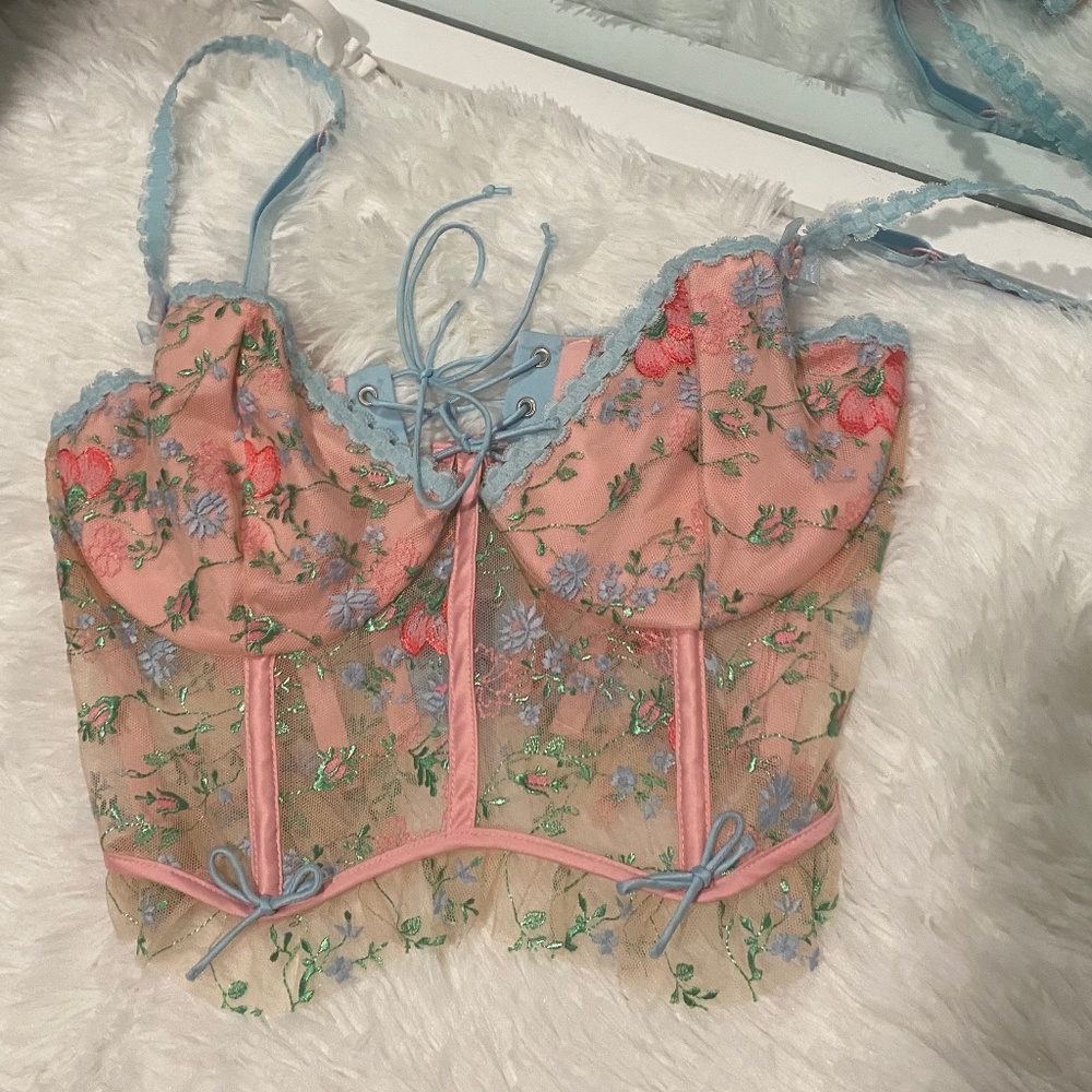 FOR LOVE AND LEMONS Pink Blue Ribbon Corset Victoria’s Secret Embroidered Top